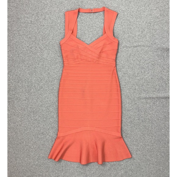 Herve Leger Bandage Dress XLarge Coral Orange Sweetheart Flare Bodycon  Cutout